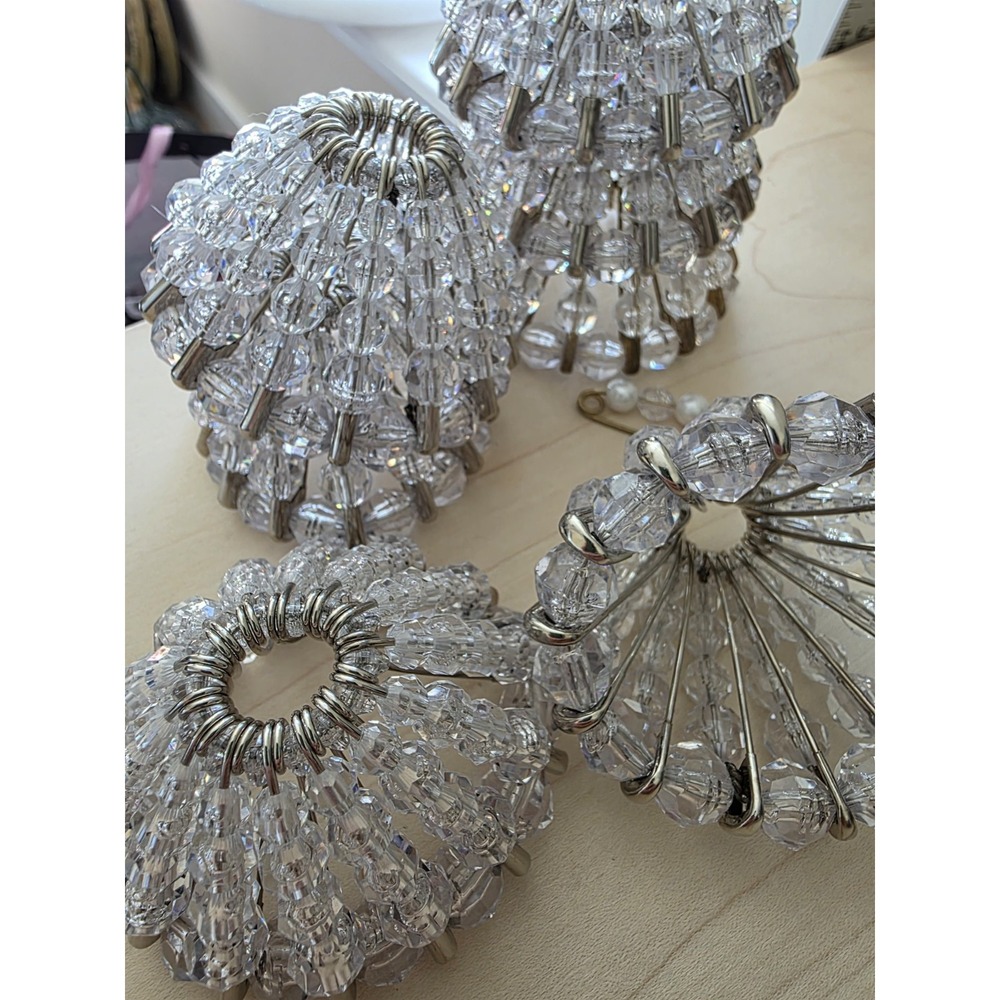 Vtg Beaded Safety Pin Christmas Ornaments Clear Crystal Look Lot of 7 Folk Art - Picture 7 of 12